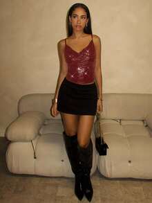 Glamine Sequin Material Red Sexy Crop Top For Women, Christmas Party