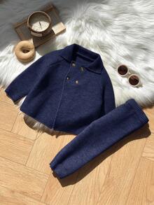 SHEIN 2pcs Baby Boy/Girl Solid Color Collared Long Sleeve Sweater And Pants Set, Suitable For Autumn/Winter Autumn And Winter Two Piece Suit Dark Blue Baby Boy Outfit Baby Boy Knitted Set Knit Two Piece Toddler Fall