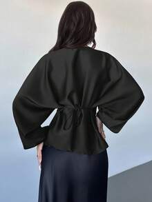 Firerie Women's New Elegant Romantic Casual Urban Commute Elegant Fashion Versatile Round Neck Batwing Long Sleeve Blouse, Suitable For Teachers, Autumn Black Top - Black - View 2