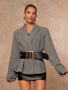 Lumalex Veste surdimensionnée élégante grise d'automne pour femme de bureau avec épaulettes exagérées et ceinture, blazer de coupe régulière de luxe style Old Money pour soirée, bal de promo et dîner - Noir et Blanc - Voir 7