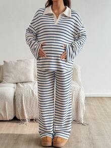SHEIN 2件套孕妇休闲条纹上衣和裤子套装，秋季 - 藍白色 - 查看 5