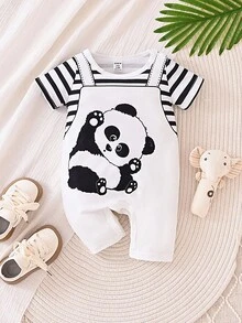 SHEIN Playful Pals 嬰兒男童短袖條紋連體衣，卡通熊貓印花，夏季