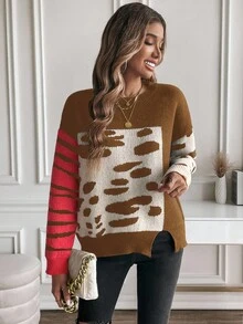 EMERY ROSE Áo len chui đầu họa tiết hình học màu khối tối giản, dáng rộng, cắt gấu, thu/đông - Nhiều màu - Xem 4