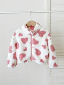 SHEIN LMoss Kids 女婴拼色毛绒心形印花拉链休闲保暖夹克 - 彩色 - 查看 3