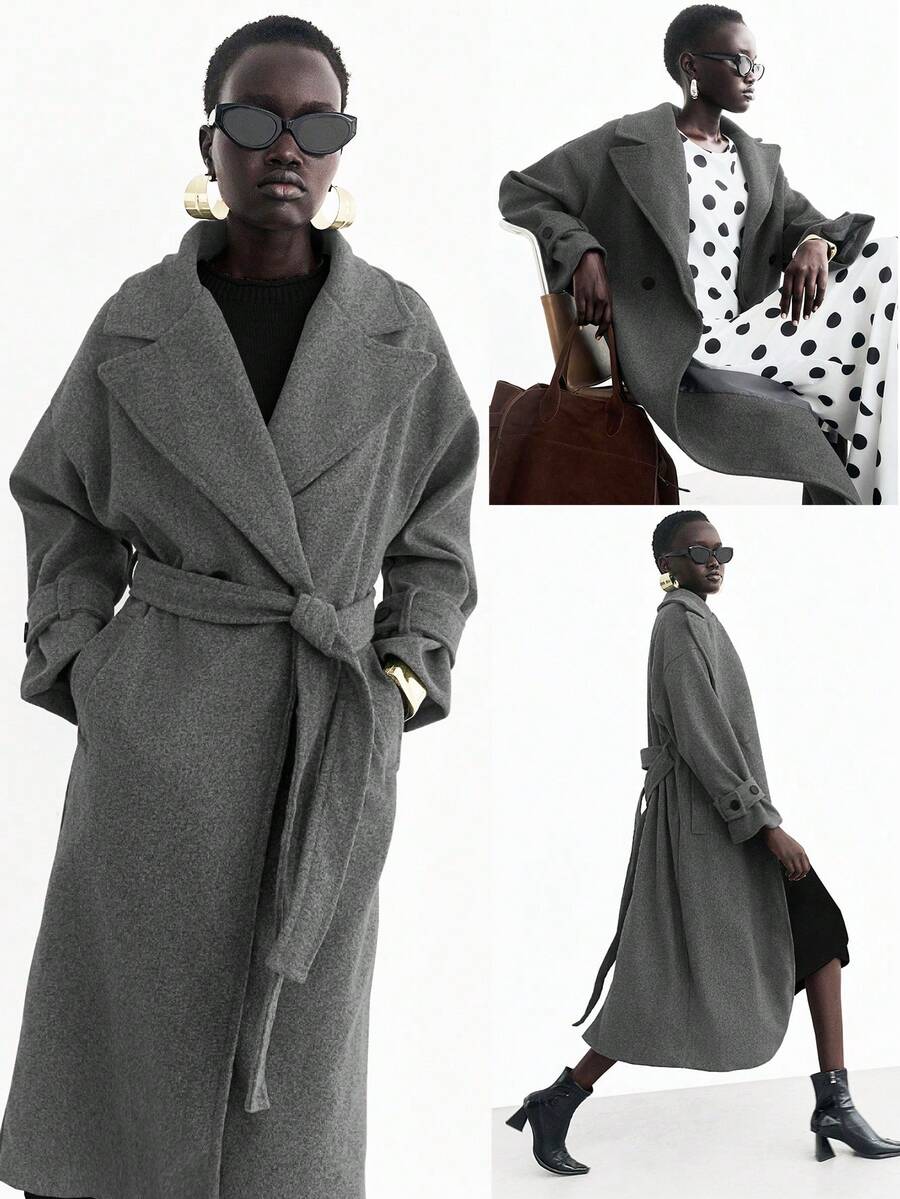 Lumivelle 宽松大衣，浅灰色风衣，秋冬女款 - 深灰色 - 查看 1