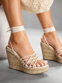CUCCOO SZL 女士时尚杏色细带组合系带黄麻绳底坡跟凉鞋，适合通勤、约会、派对、度假和休假 - 杏色 - 查看 3