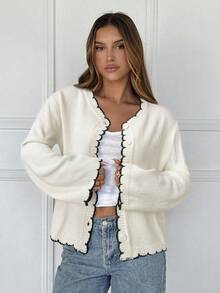 SHEIN EZwear Casual Versatile Minimalist Long Sleeve Button-Up Knit Cardigan For Women In Fall/Winter Cardigan Cropped Cardigan Sweater Cropped Cardigan Women - Apricot - View 3