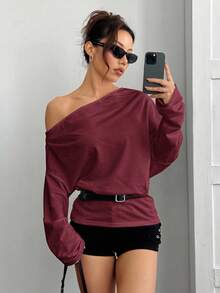 SHEIN EZwear Áo nỉ hở vai tay dài cổ lệch dành cho nữ, màu đỏ tía, thời trang thường ngày cho mùa tựu trường Thu/Đông - Màu Đỏ Sâu - Xem 5