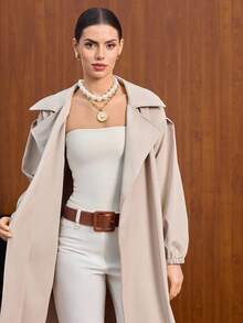 CLARA VERO Trench Coat With Wide Lapel Collar, Long Sleeves With Elastic Cuffs, Waist Tie Belt, Knee-Length, Classic And Stylish Design - Beige - View 8