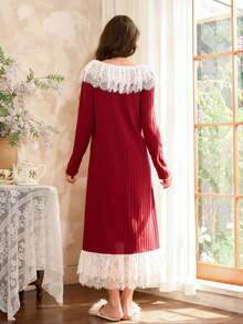 فستان ماكسي أنيق مخطط مبطن للنساء، قميص نوم أنيق للخريف/الشتاء، قميص نوم طويل الأكمام، قميص نوم من الدانتيل، قميص نوم كوتاجكور، قميص نوم مزين بالدانتيل، قميص نوم أحمر، خريف - عنابي اللون - مشاهدة 2