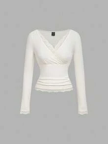 SHEIN MOD Maglietta da donna a maniche lunghe, aderente, con inserti in velluto termico e pizzo - Albicocca - Visualizzare 4