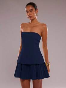 SHEIN BAE 简约纯色束腰抹胸女式迷你连衣裙 - 藏蓝色 - 查看 6