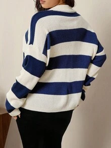 Zelara 大码条纹马球领套头衫 - 藍白色 - 查看 2