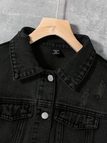 SHEIN Teen Girl Ripped Flap Pocket Raw Hem Trim Button Crop Denim Jacket