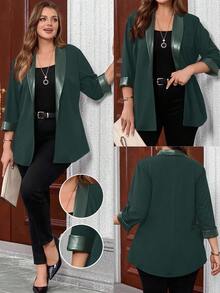 Miaspire Plus Size Women's Casual Personalized Patchwork Leather Jacket, Spring/Autumn - Dark Green - View 1