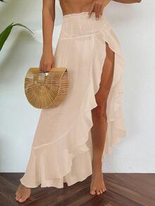 Swim Vcay Springbreak 女士雪纺荷叶边腰荷叶边下摆海滩长裙，轻盈开叉下摆长裙 - 杏色 - 查看 3