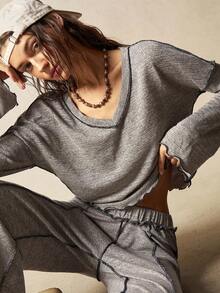 SHEIN BohoFeels Áo thun nữ tay dài cổ chữ V rộng rãi màu trơn đơn giản họa tiết tương phản phong cách Boho - Màu be - Xem 2