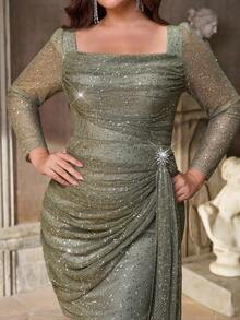 Aureia 加大码优雅橄榄绿色露肩奢华网眼串珠荷叶边领口 3D 花卉亮片装饰垂坠前褶紧身鸡尾酒会连衣裙