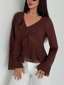 Aloruh 女士新款时尚通勤日常波西米亚风荷叶边装饰深V领长袖修身衬衫 - 棕色 - 查看 8