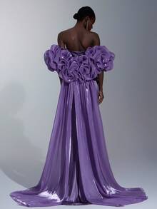 Elitara Elegant Taro Purple Minimalist Asymmetric Strapless Neckline Fitted Mermaid (Detachable 2 Pieces) Exaggerated 3D Ruffle Trailing Sequin Embellished Evening Gown - Dusty Purple - View 4