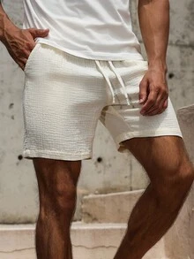 VENTUSAIL Men's Solid Color Drawstring Waist Pocket Casual Cotton Shorts Men Drawstring Shorts Men Summer Shorts, Holiday - Beige - View 3