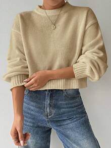 EMERY ROSE Women's Solid Color Simple Casual Crew Neck Long Sleeve White Sweater - Apricot - View 6