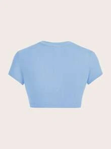 SHEIN ICON 休闲纯色圆领短袖修身短款女式T恤，适合夏季 - 淺藍色 - 查看 2