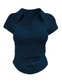 INAWLY Áo thun nữ tay ngắn, đơn sắc, khóa kéo nửa, thoải mái, đa năng, mùa hè - Màu xanh hải quân - Xem 5