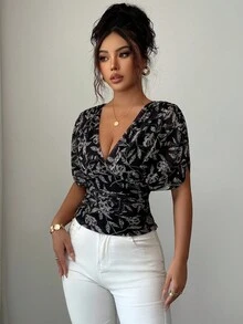 Elenzga Women's Cross-Wrap Short Sleeve Fitted Allover Print Shirt - Black - View 4