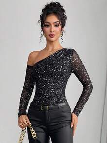 Almamuse Women's Fashion Metallic Polka Dot Mesh Print Off-Shoulder Long Sleeve Bodysuit - Black - View 6