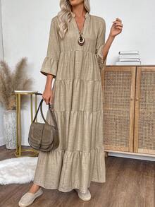EMERY ROSE Women's Autumn Simple Notched Collar Ruffle Hem Tiered Linen Maxi Dress,Khaki Boho Long Sleeve Casual Vacation Outfits For Party Wedding Guest Chic - Khaki - View 7