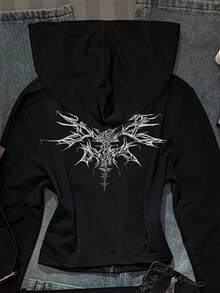 SHEIN EZwear Áo thun hoodie in họa tiết Gothic Retro màu đen ôm vừa vặn dành cho nữ, phù hợp cho mùa xuân và mùa thu - màu đen - Xem 4