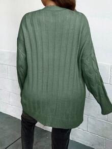 EURMUSE 秋季大码女式休闲落肩单排扣针织开衫，带麻花图案 - 薄荷綠 - 查看 2