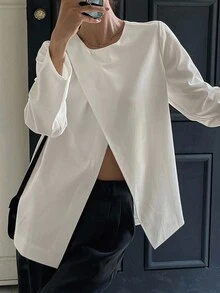 DAZY Women's Solid Color Round Neck Long Sleeve Simple Casual Shirt Fall - White - View 7