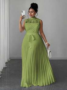 Maweii 女式加大码优雅纯色蕾丝褶腰无袖连衣裙 - 綠色 - 查看 1