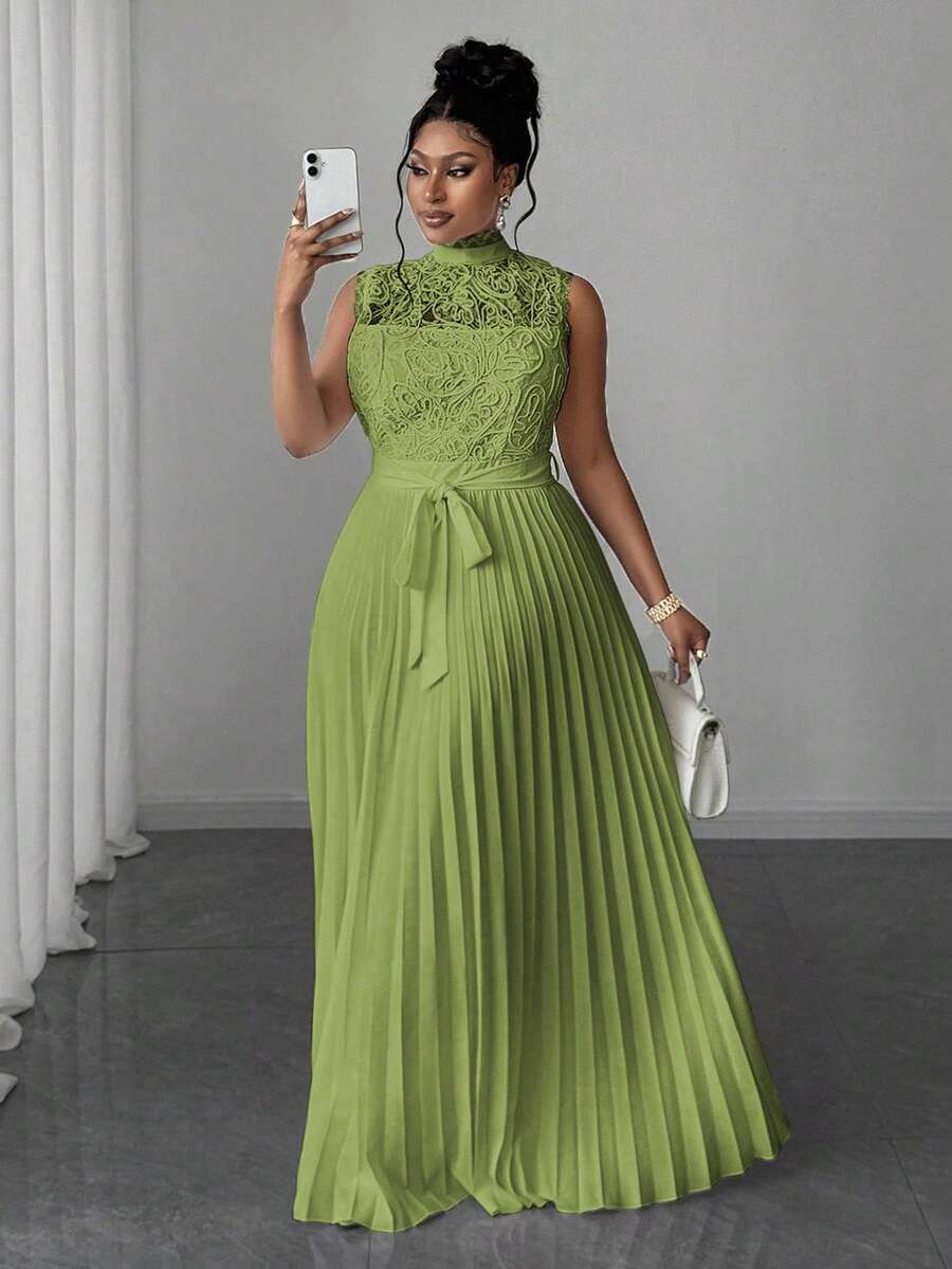 Maweii 女式加大码优雅纯色蕾丝褶腰无袖连衣裙 - 綠色 - 查看 1