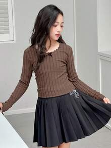 Dazy Kids Tween Girls Crew Neck Fitted Knit T-Shirt, Fall - Brown - View 7