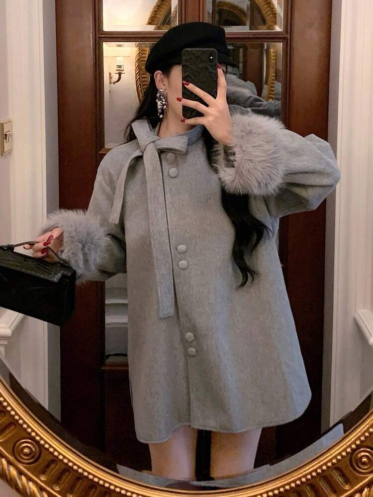 Women's Autumn/Winter Lace-Up Loose Fuzzy Sleeve Woolen Coat Jacket