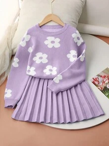 SHEIN 少女甜美百搭圆领蓝色毛衣搭配碎花百褶裙，适合居家、外出、派对、返校季等秋冬季穿着。 - 紫色 - 查看 3