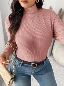 SHEIN Frenchy Áo thun tay dài cổ lọ vải họa tiết cỡ lớn dành cho nữ, đa năng và thanh lịch - Hồng - Xem 4