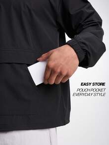 Chaqueta con capucha casual de manga larga con cremallera y media cartera con estampado de eslogan para hombre en otoño - Negro - Ver 3