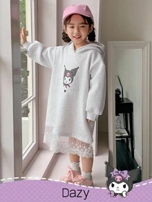 DAZY HELLO KITTY AND FRIENDS | SHEIN 少女针织连帽撞色蕾丝长袖羊毛连衣裙 - 淺灰色 - 查看 2