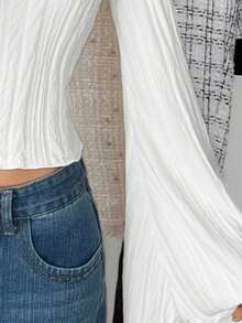 SHEIN 少女优雅针织纹理休闲简约舒适 T 恤上衣，百搭 - 白色 - 查看 7