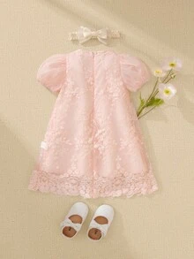 Baby Girl Beige Embroidered Mesh Puff Sleeve Princess Dress, Suitable For Birthday Party, Evening Party, Daily Wear - Dusty Pink - View 2