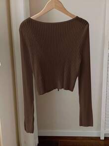 Comfortcana 秋冬休闲纯色针织系带开衫 - 棕色 - 查看 2