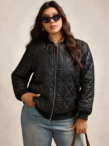 Zelara Plus Size Solid Color Casual Warm Jacket, Autumn/Winter Plus Size Jackets Quilted Bomber Jacket Women Quilted Jackets Plus Size Quilted Jacket Plus Size Bomber Jacket Plus Size Winter Clothes Plus Size Fall Clothing Women Jackets Black Jacket Women Women Jackets - Black - View 3