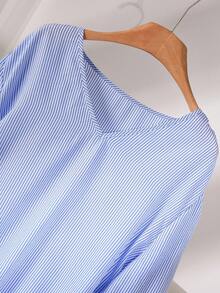 CosyJoli Áo sơ mi sọc dài tay cổ chữ V rộng rãi, tối giản, thoải mái, đa năng, cỡ lớn dành cho nữ, mùa thu/đông - Xanh và trắng - Xem 4