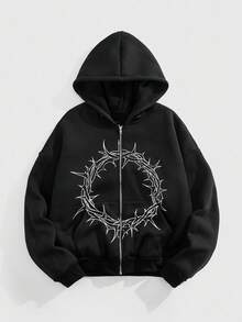 ROMWE MEN Goth Sudadera con capucha casual de manga larga con cremallera y cuello, con estampado gótico oscuro, para otoño - Negro - Ver 5