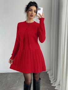 Elenzga Bộ 2 chiếc váy len cardigan màu trơn thanh lịch khi đi làm - Đỏ - Xem 4