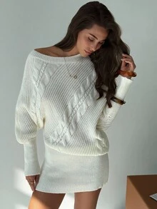 Aloruh Apricot Asymmetrical Shoulder Cable Knit Loose Batwing Sleeve Women's Bodycon Mini Sweater Dress In Fall/Winter - Apricot - View 6